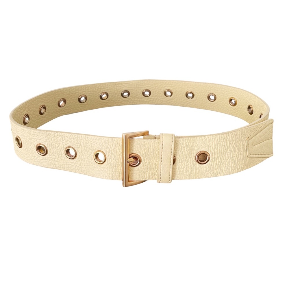 Prada ivory soft pebbled calf leather rose gold buckle grommet belt